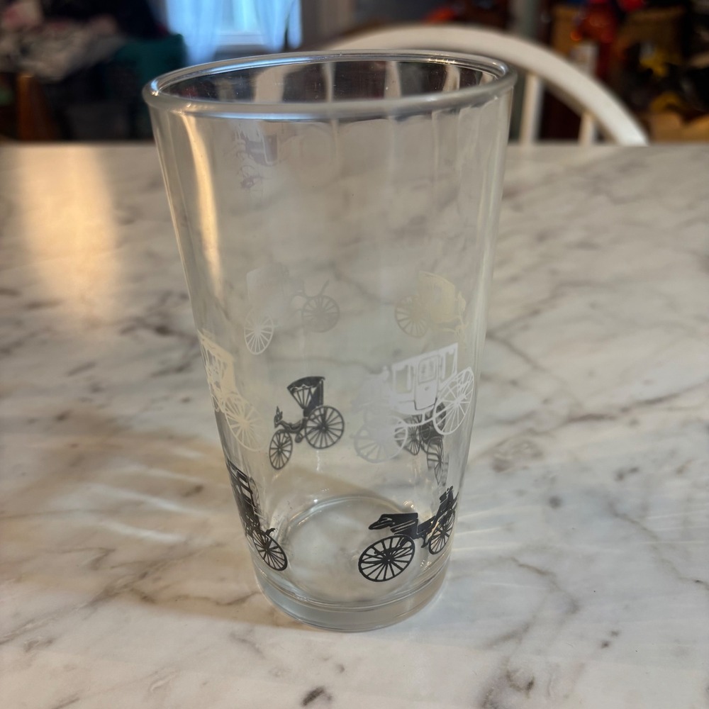Vintage Hazel Atlas Glass Tumbler Black White‎ Horse Drawn Carriage Buggy Print